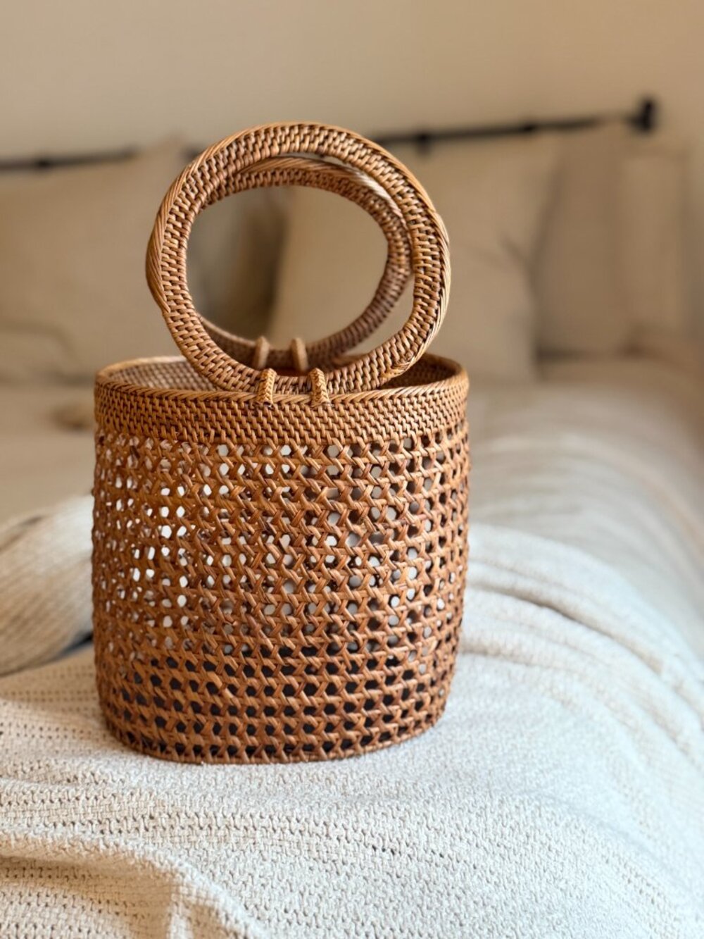 Street Level Woven Rattan Basket Bag | Round Handles - Picture 2 of 5